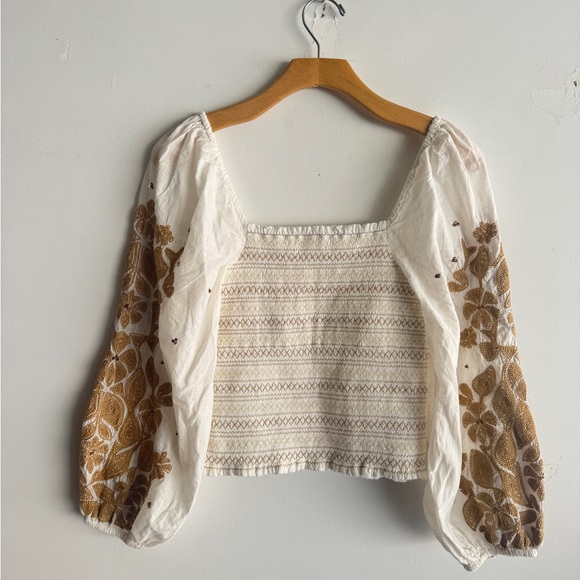 Anthropologie Smocked Top with embellished and embroidered sleeves, boho spring - Picture 8 of 9